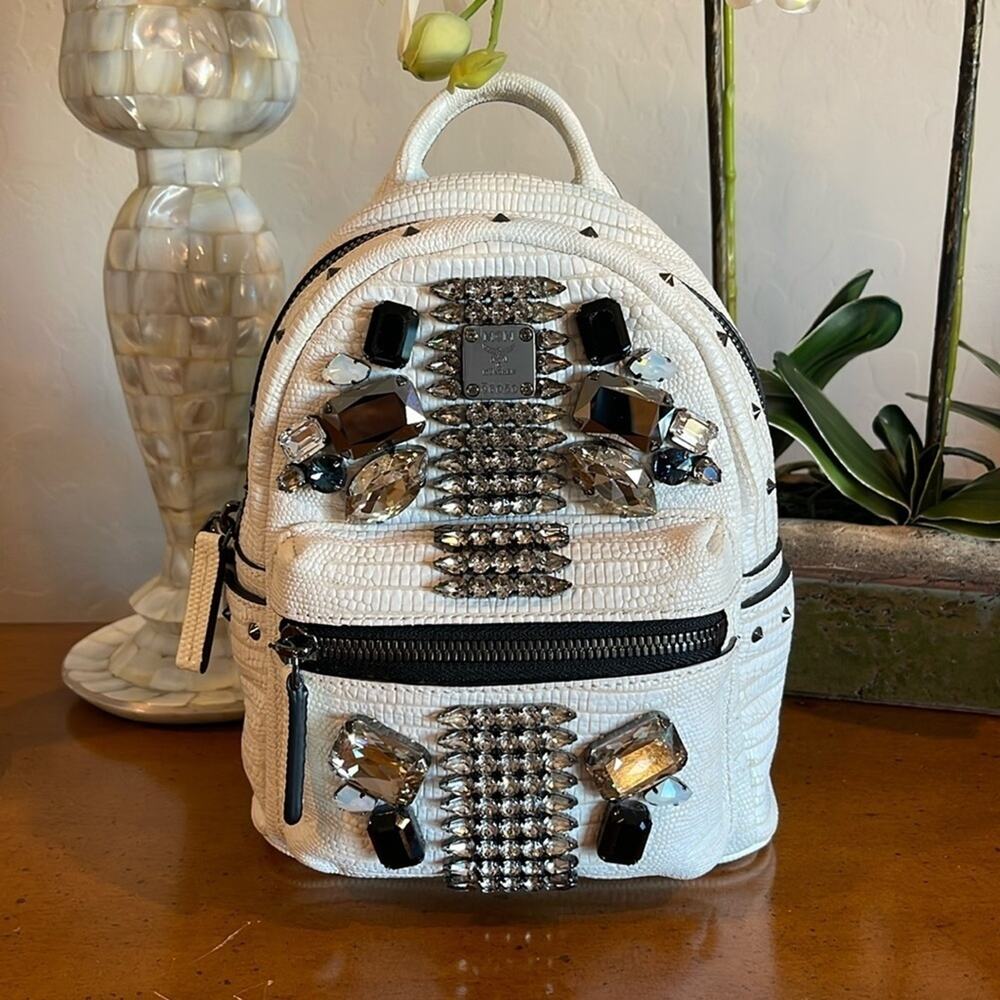 MCM Swarovski Crystal Crocodile Leather Mini Backpack White NWOT